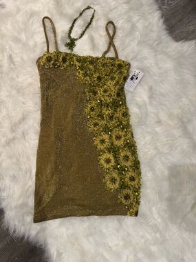 Olive Green Embellished Floral Slip Dress